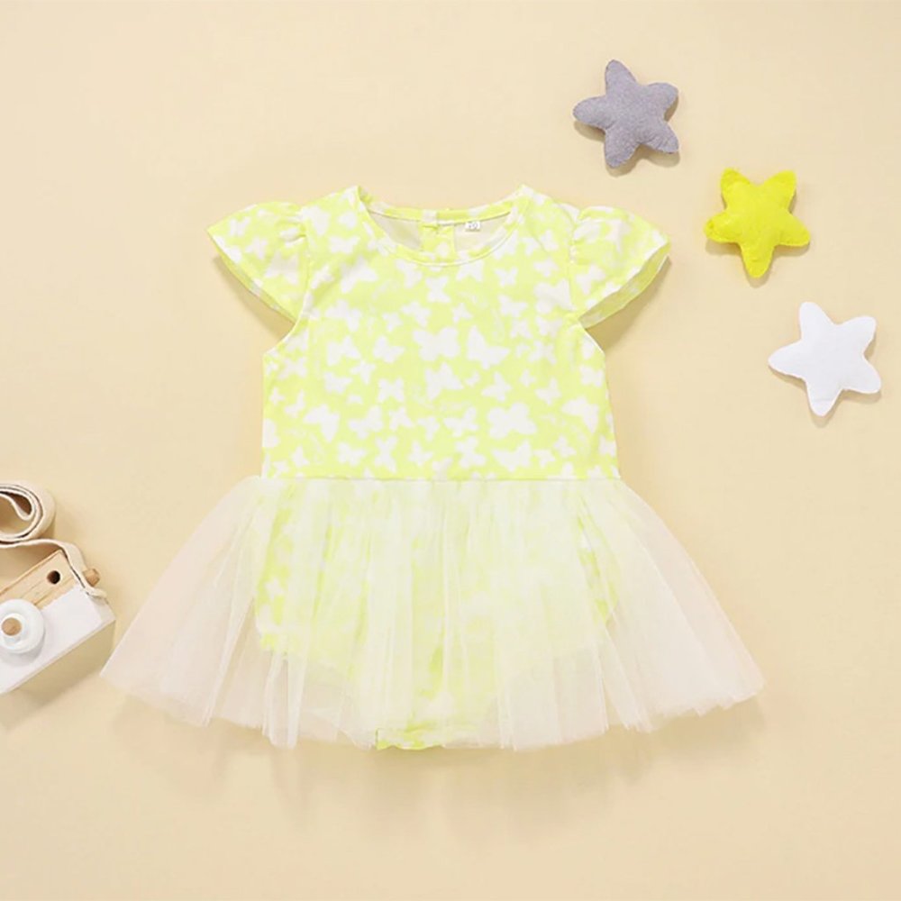 Yellow White Butterfly Print Flutter Sleeve Baby Romper Tutu Dress